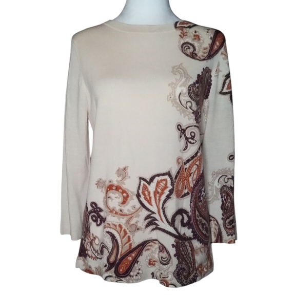 Talbots Cream Brown Paisley Print Long Sleeve Pure Merino Wool Top Size Medium - Picture 1 of 8